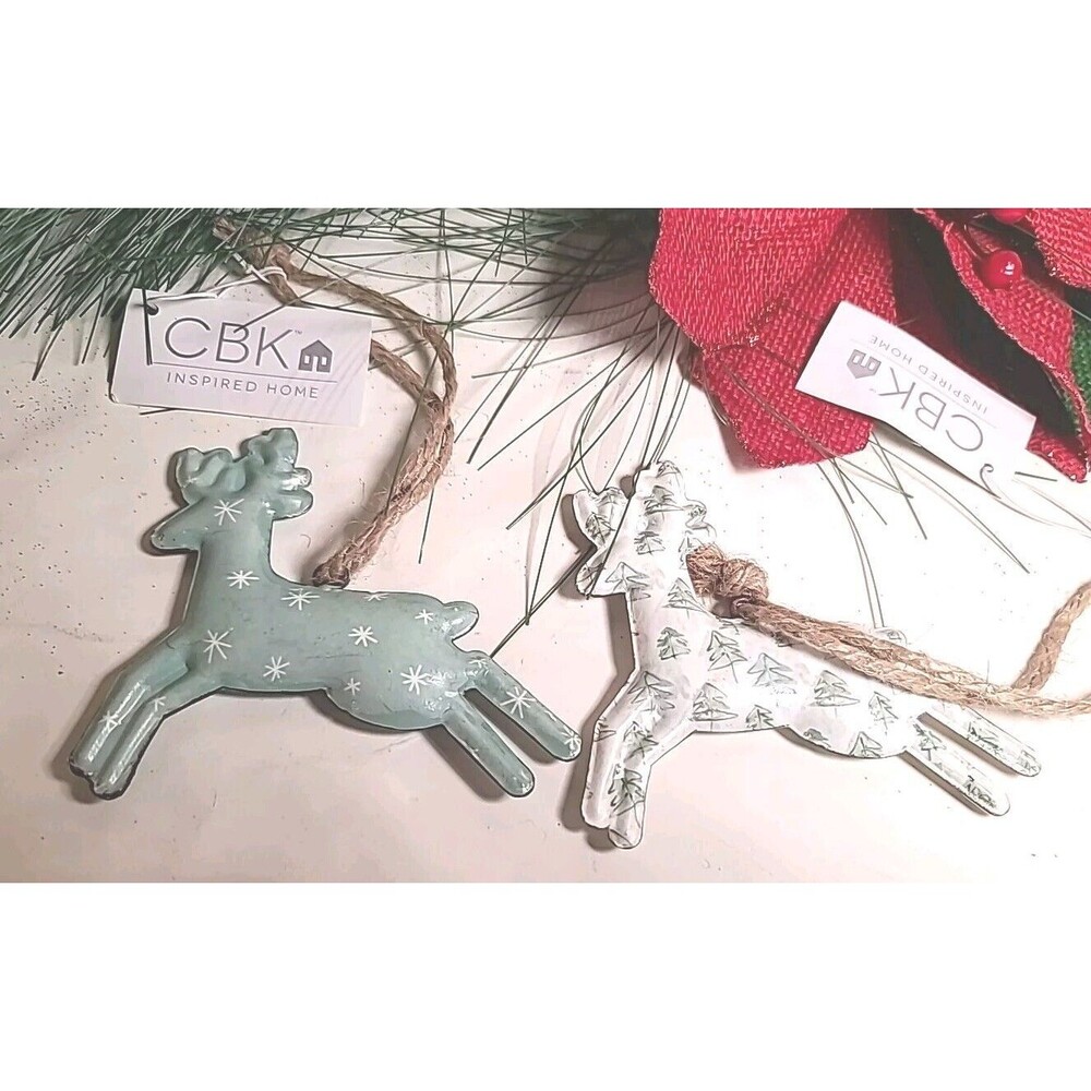 NWT  CBK Metal Set Of 2 Reindeer Christmas Ornaments 2 sided Farmhouse Mint